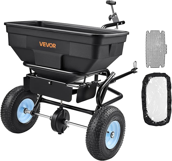 VEVOR Tow Behind Broadcast Spreader, 130LBS Capacity, Tow-Behind Lawn Spreader with 13 in Tires, 30 Adjustable Setting & 9.8 ft Spreading Width, Lawn Spreaders for Seed, Fertilizer, Salt, Ice Melt