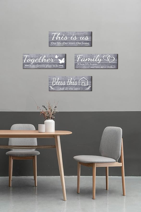 Joyhawk 4 Pieces Wall Decor Signs, THIS IS US, TOGETHER, BLESS THIS HOME, FAMILY Rustic Wooden Farmhouse Wall Art Décor For Living Room Bedroom Kitchen, , 4.7 x 13.8 Inch(Grey)