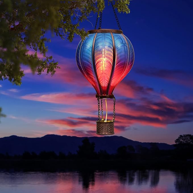 TERESA'S COLLECTIONS Hot Air Balloon Solar Lantern for Garden Decor Halloween Christmas Party,Flickering Flame Hanging Solar Light for Outdoor ,Blue & Purple Plastic Lamp for Yard Tree,Gift for Mom