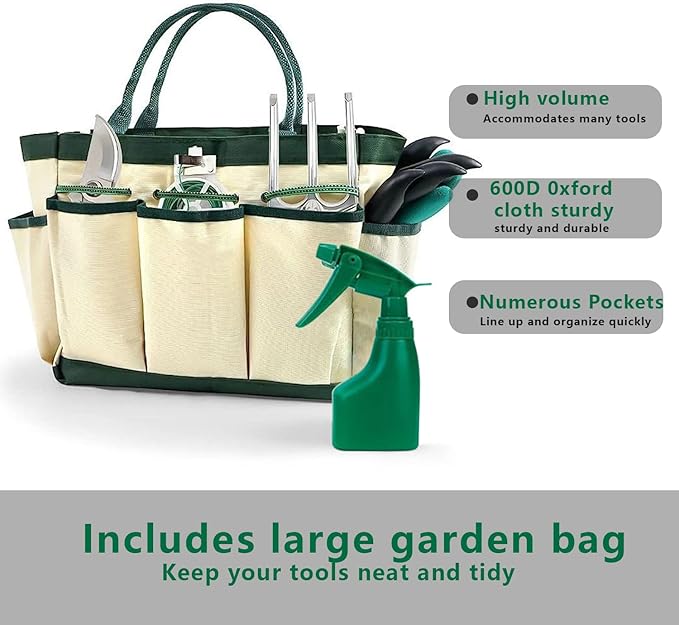 Gardening Tools - 11Pcs Heavy Duty Garden Tool Set with Non-Slip Rubber Grip,Aluminum Alloy Starter Kit with Garden Bag, Durable, Ergonomic, Ideal Gardening Gifts for Women, Mom, Men