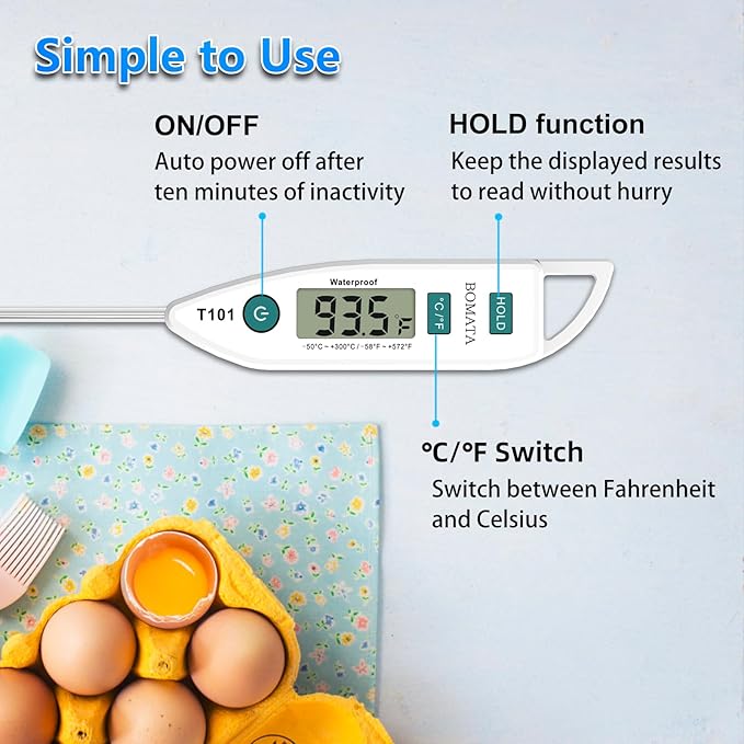 BOMATA Waterproof IPX7 Thermometer for Water, Liquid, Candle and Cooking. Instant Read Food Thermometer with Long Probe for Cooking, Meat, BBQ! T101 White