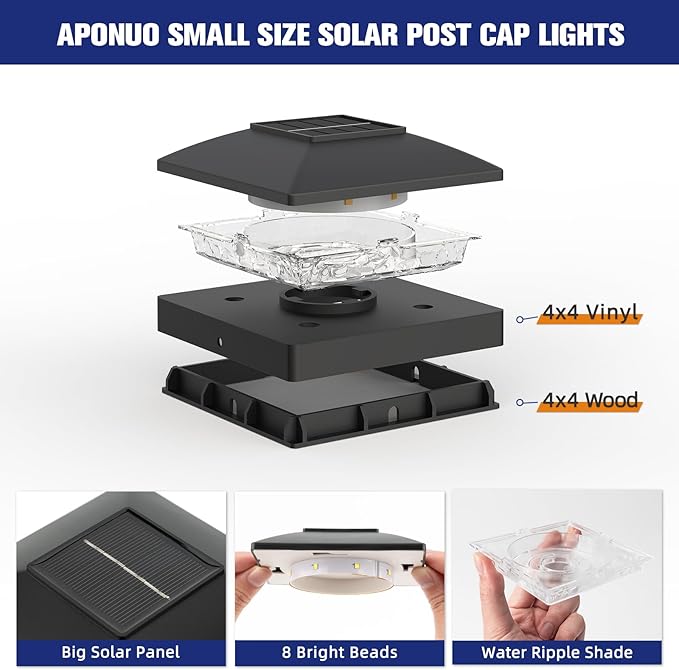 APONUO Solar Post Cap Lights for 4x4 Wood & Vinyl Posts, IP44 Waterproof Cool White LED 4x4 Post Solar Lights, Outdoor Garden Patio Yard Decor, 8 Pack (Black)