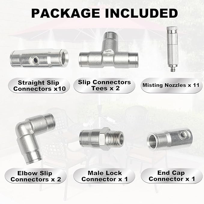 Brass Patio Misting Kit – 11pcs Brass Micro-Nozzles & 16pcs 3/8″ Slip Connectors for Outdoor Cooling (UNC 10/24, 0.012″ Precision Orifice, 15-280 psi)
