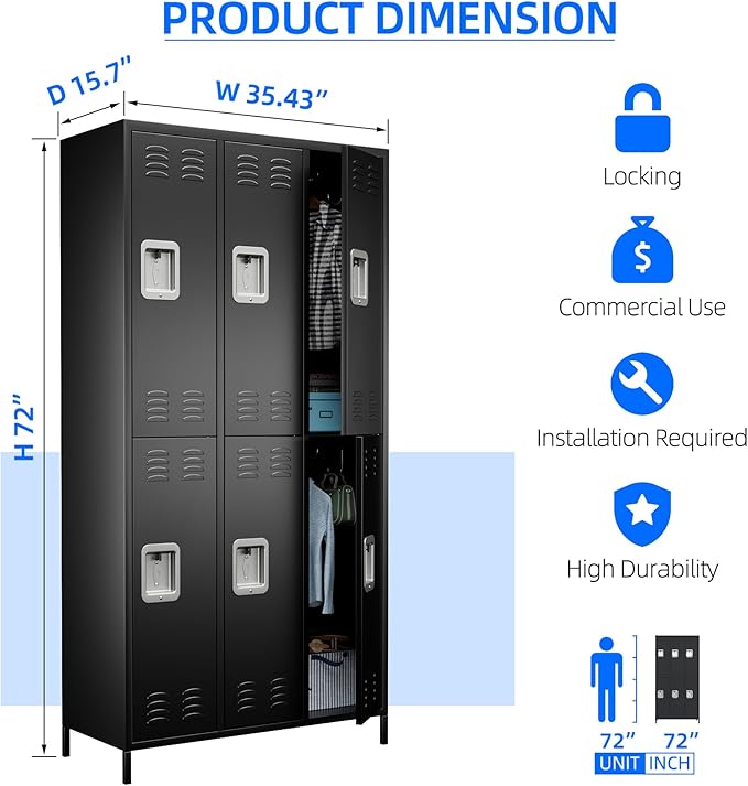 METAN Metal Locker for School Office Gym Bedroom,6 Doors Steel Storage Locker Cabinet for Employees,Industrial Storage Locker with 1 Shelves,Assembly Required (6 Door-Black)