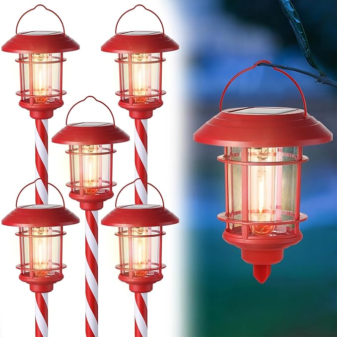 Dynaming 6 Pack Dual Use Solar Christmas Path Lights Outdoor, Hanging Lantern Solar Garden Light with Edison Bulb, Xmas Pathway Markers, Auto On/Off Candy Cane Lights for Patio Yard Walkway Driveway