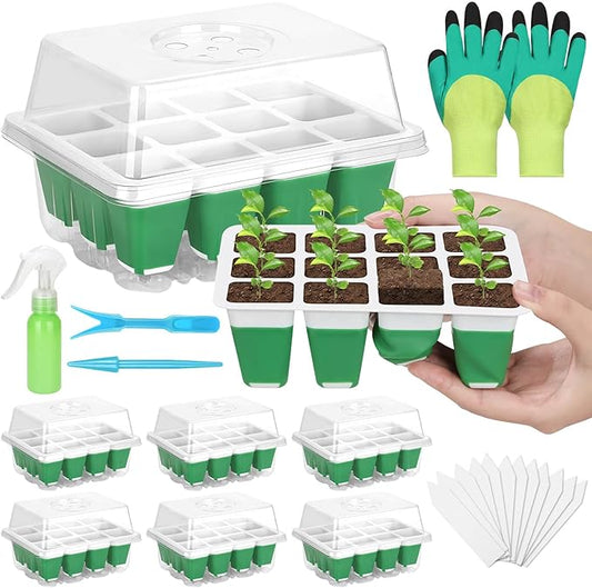 Mckanti 6 Pack Silicone Seed Starter Tray, Reusable Seed Starter Kit with Humidity Adjustable Dome, Lid and Tools for Indoor Seed Germination