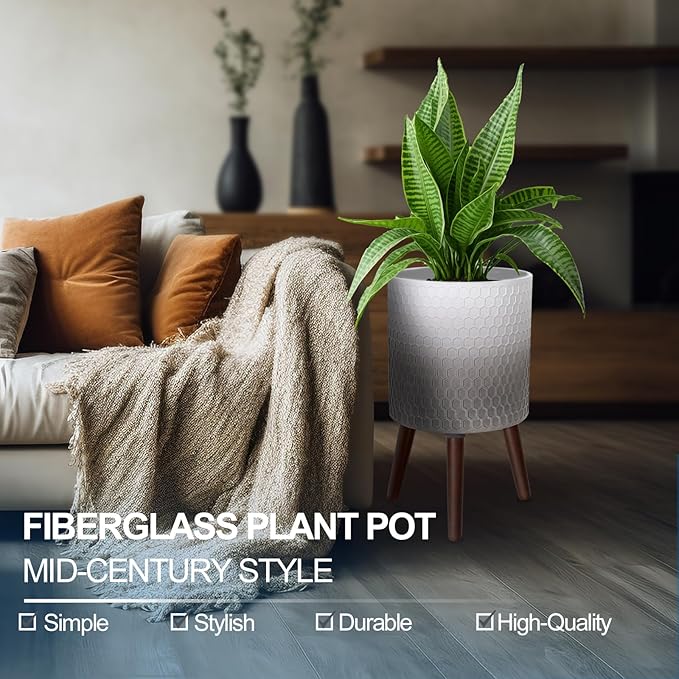 10 Inches Plant Pot with Stand, Large Modern Standing Planters with Drainage Holes for Indoor Plants, White&Gray Flower Pots with Legs