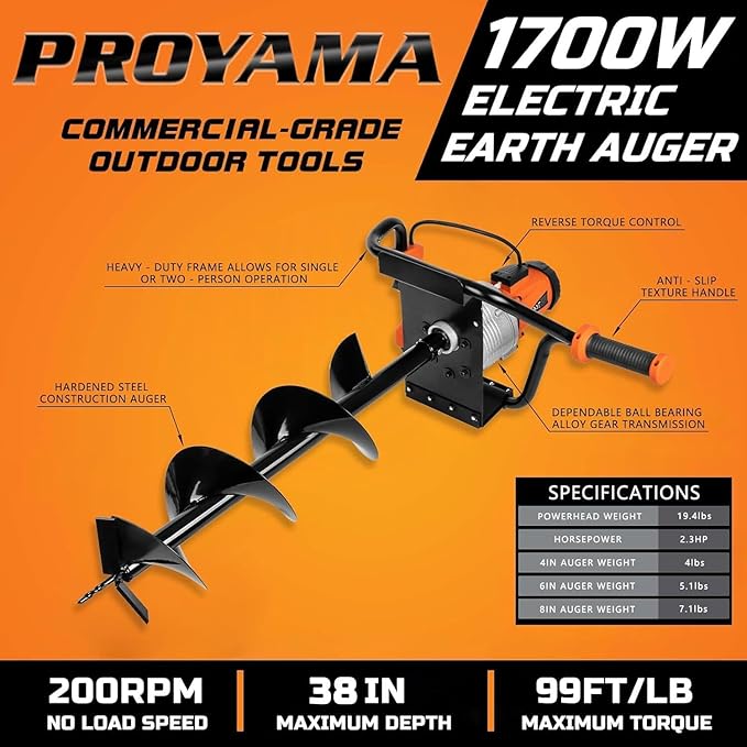 PROYAMA Electric Post Hole Digger, 1700W Corded Earth Auger with 4" 6" 8" Drill Bit, 12" Extension Rod, Reverse Control, 5-Year Warranty Gear Box, Ideal for Post Hole Digging, Drilling, Tree Planting