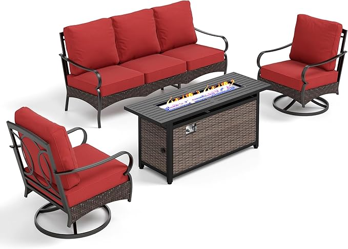 Patio Furniture Set with 56" Fire Pit Table, Premium Outdoor Wicker Metal Frame Furniture with Upgraded Waterproof Thick Cushions for Porch, Poolside, Deck, and Yard （4 Pieces,Red