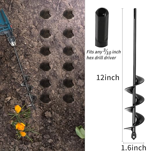 TCBWFY Auger Drill Bit for Planting,1.6"x12"Solid Shaft Garden Auger Drill Bit with Extensive Spirals,Spiral Hole Drill Bit for Planting Bulbs,Flowers,Post Holes,Earth Auger for 3/8" Hex Drive Drill