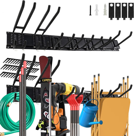 Wall Mount Garden Tool Organizer - 48 Inch Max Load 539lbs, Garage Storage with 7 Heavy Duty Hooks and 4 Cable Ties, Power Tool Organizer Rack