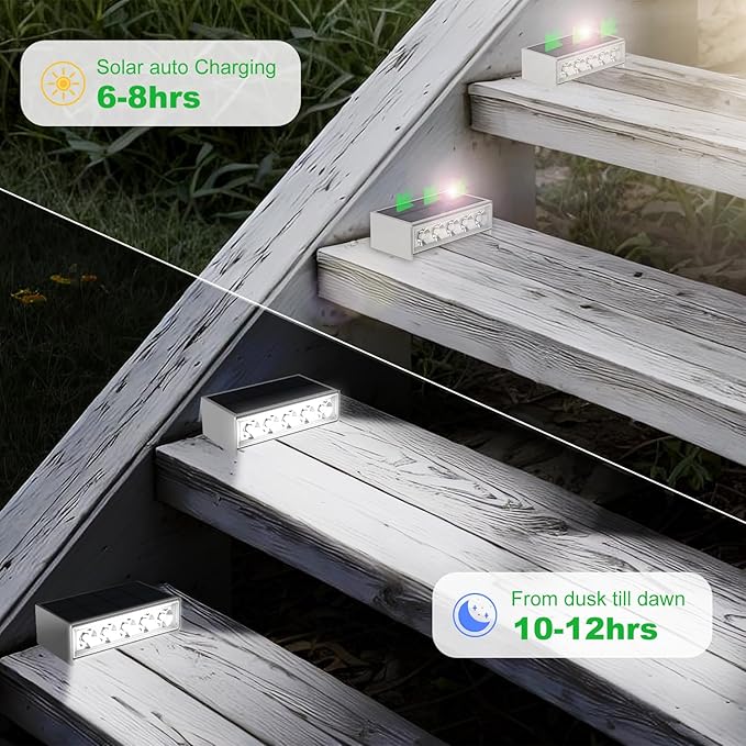 T-SUN Solar Step Light Outdoor, 6 Pack Solar Stair Lights, 6000K Step Lights Outdoor Solar Powered Waterproof LED Outdoor Solar Lights for Steps Deck Court Garden Balcony Patio Stair Porch