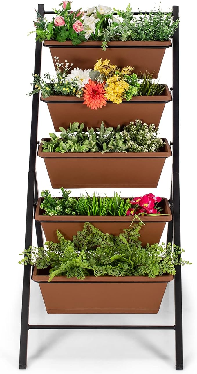 Giantex Set of 2 Vertical Planter Raised Bed, Elevated Garden Beds with Water Drainage Hole, Freestanding 5 Container Boxes for Herb Vegetables Flowers Growing, Outdoor Indoor Patio Balcony