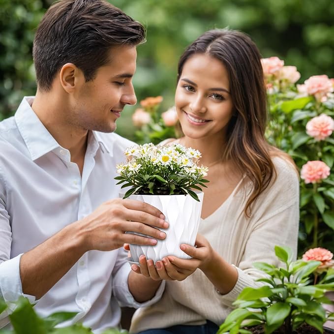 7 inch Plant Pots for Indoor Outdoor Plants, 5 Pack Thick Nursery Pots with Drainage Holes and Saucers, 3D Modern Wave Texture Plastic Planter Pots for Flowers and House Plants, White