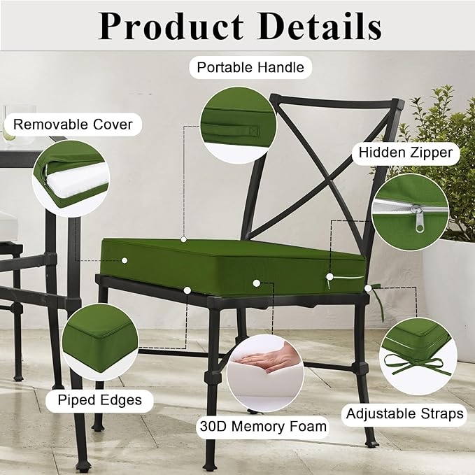 Outdoor Chair Cushions Set of 2 for Patio Furniture 24x24x4 Inch Waterproof Patio Chair Cushion 3 Year Color Fastness Square Elastic Foam Garden Couch Pads with Ties and Handle,Green