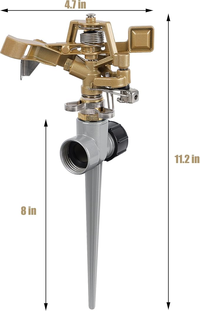 Biswing 2 Pack Impact Sprinklers with Stand (Spike), Heavy Duty Zinc Alloy Lawn Sprinkler Head on Spike Base, Adjustable Watering Sprinkler for Large Area Grass Yards Patio Garden Irrigation