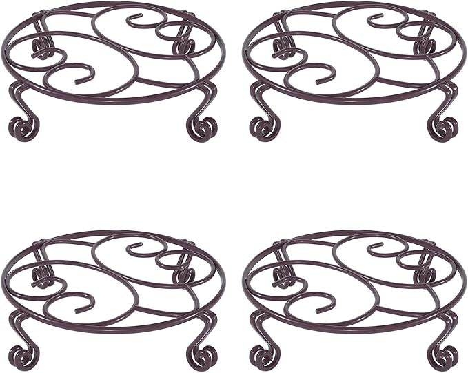 Yimobra 4 Pack Plant Stand for Flower Pot Heavy Duty Potted Holder Indoor Outdoor Metal Rustproof Iron Garden Container Round Supports Rack for Planter (4PC Brown 11.8 x 3.1IN)