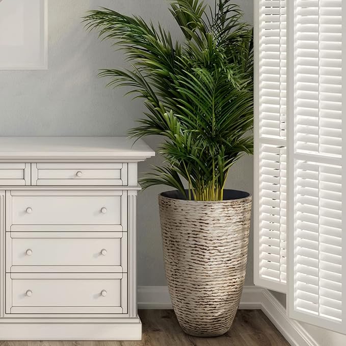 Worth 9 Gallon Tall Round Planters Set of 2-14" Dia x 21" H Stone Finish Flower Pots Indoor Decorative Container Garden Patio Unbreakable Beige