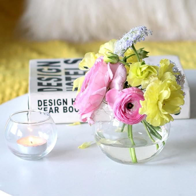 24 Pack Glass Bubble Vases,Small flower bud vases bulk,4"W x3"H Set of 12 Pcs Clear Bowl Vase,2.6"W x2.2"H Set of 12 Pcs Round Candle Holders,Mini Globe Vase Centerpiece for Wedding Party,Home Decor