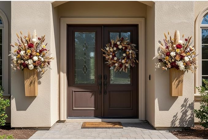 2 Pieces Wooden Wall Hanging Plant Pots Vase Contains Artificial Green Plants for Indoor Fake Plants Greenery Flowers, Modern Planters for Bathroom, Living Room, Kitchen Decor, (Wood Color)