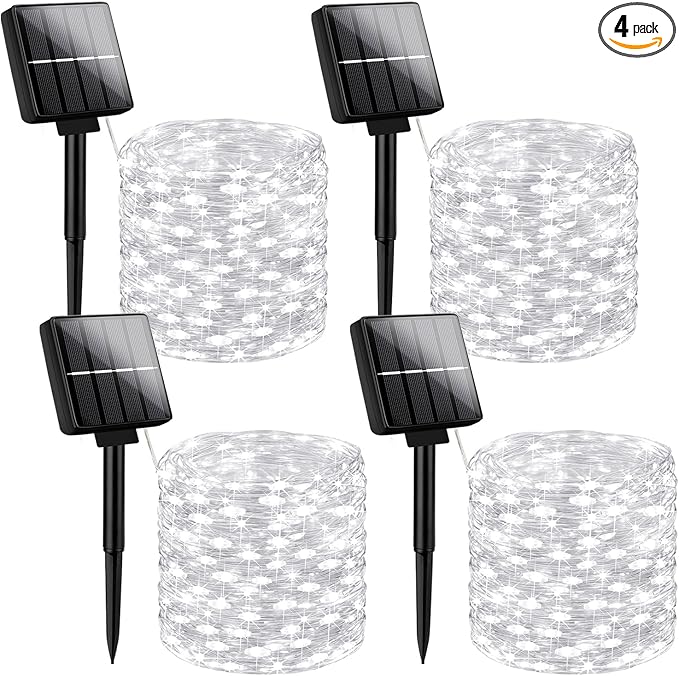 Brightever Solar Powered String Lights Outdoor Waterproof, 4-Pack Total 160FT 400 LED Solar Twinkle Lights with 8 Lighting Modes, Solar Fairy Lights for Fence, Balcony (Daylight White)
