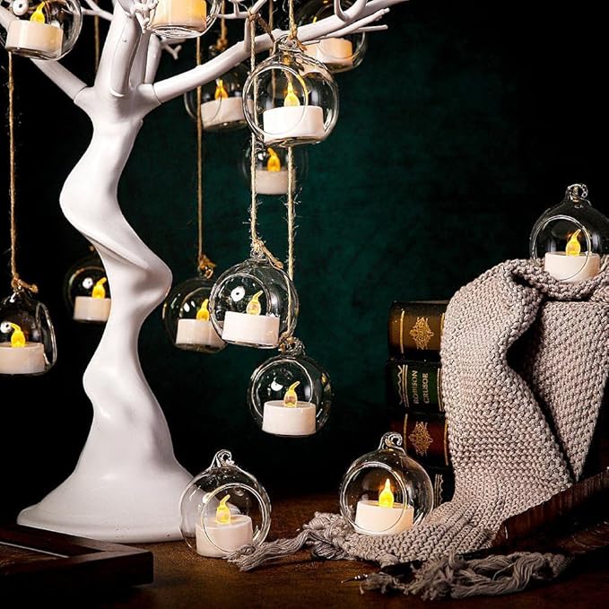 24 Pcs Hanging Tealight Candle Holder, Glass LED Tealight Holder Hanging Glass Globe Plant Terrariums, 2.36" Diameter Hanging Tealight Holder Terrarium for Wedding Home Party Tree Decoration