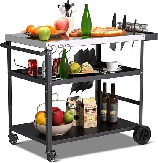 Spurgehom Outdoor Grill Cart, Pizza Oven Stand Table with Wheels Dining Cart for Outside Patio, Movable Kitchen Cooking Prep Table BBQ Cart with Mesh Racks for Home Party, Bar, Camping