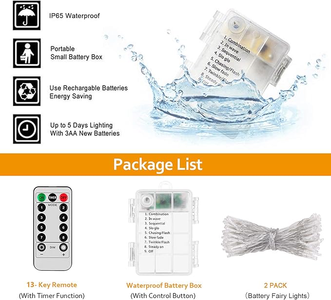 2 Pack 36ft 100 LED Battery Operated String Lights with Remote Timer Waterproof 8 Modes String Lights for Bedroom, Garden, Easter, Party, Christmas Indoor and Outdoor Decorations -Multicolor