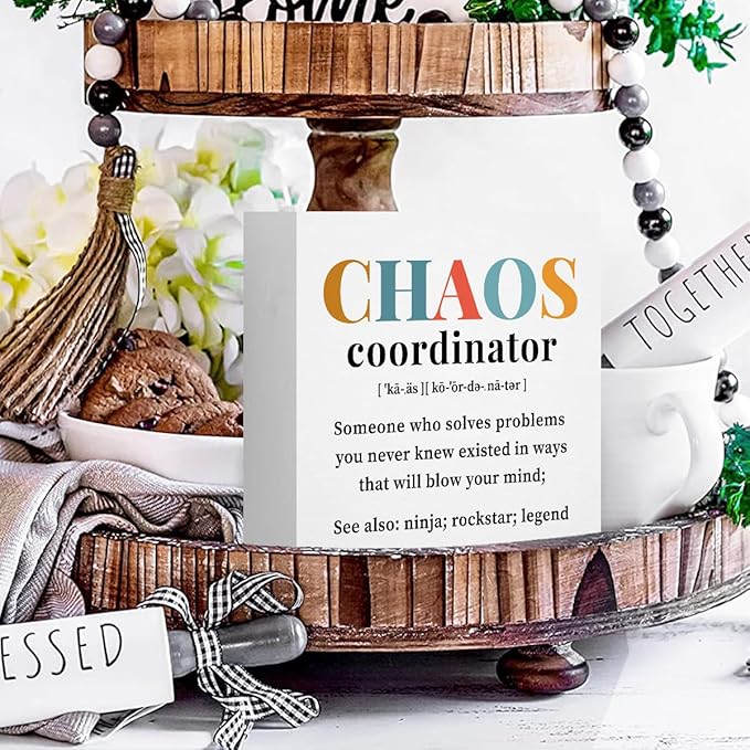 Chaos Coordinator Gifts Office Decor Wooden Box Sign, Administrative Professional Day Gifts Thank You Gifts for Boss Coworker Teacher Nurse Decorative Office Desk Accessories Table Shelf Plaque Sign