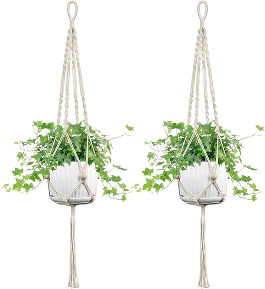 2 Pack Macrame Plant Hanger, 44 Inch, Fits 4-12 Inch Pots, Extra Long Indoor Outdoor Hanging Planter Basket Flower Pot Holder, Boho Home Decor, Ivory (POTS NOT Included)