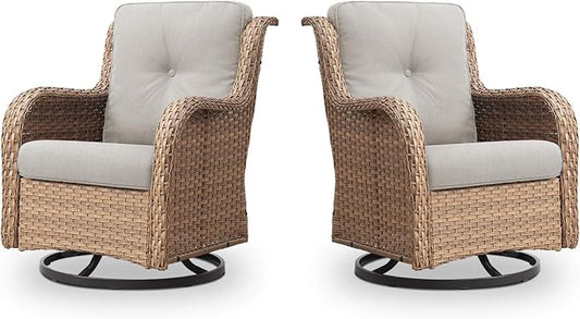 Outdoor Swivel Rocker Patio Chairs - 360 Degree Swivel Glider Seating 350LBS Weight Capacity Wicker Rocking Chairs Set of 2 with Removable Cushion for Porch Balcony Deck, Yellow/Beige