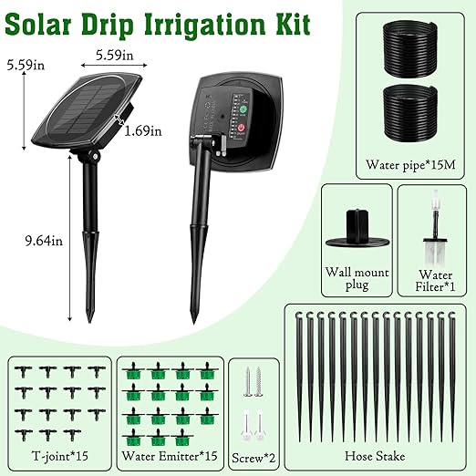 Solar Drip Irrigation System for Garden, Automatic Drip Irrigation Kits,Plants Self Watering Devices for Vacation,Solar Powered Water Pump for Potted Plants,Raised Beds,Greenhouse (15 Pots)