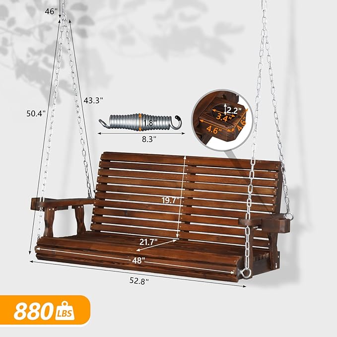 VINGLI XL Size Patio Wooden Porch Swing Outdoor with Cup Holders, Heavy Duty 880 LBS Hanging Swing Chair Bench with Hanging Chains for Yard, Lawn, Garden (4 FT Pro, Rustic)