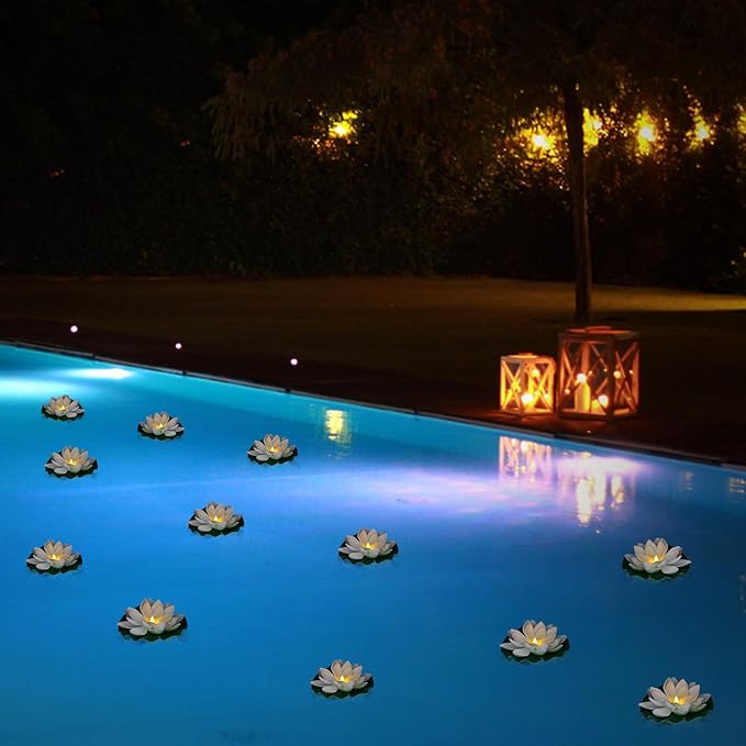 12 PCS Waterproof Floating Lotus Light - Floating Flower Light Battery Operated Water Activated Warm White Pool Flower Lamp Wedding,Anniversary,Garden Decoration