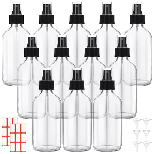 Norme 12 Pcs 8 oz Glass Spray Bottles with Funnels and Labels Refillable Cosmetic Empty Spray Bottles with Sprayer Containers for Essential Oil Cleaning Solutions(Clear,Stylish)
