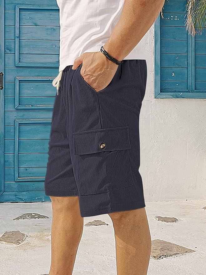 Mens Cargo Shorts Casual Drawstring Elastic Waist Corduroy Summer Beach Shorts with Pockets