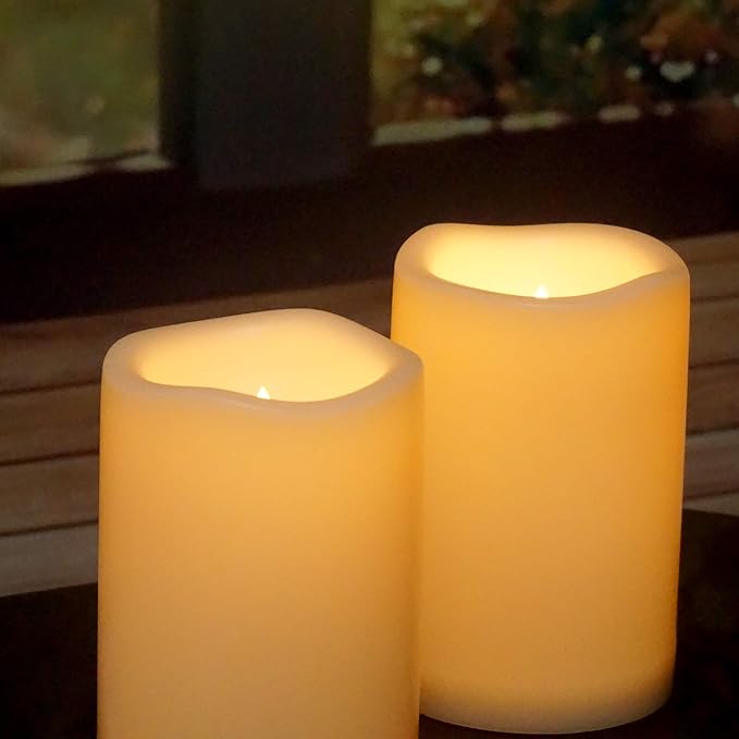 Waterproof Outdoor Flameless Candles with Remote, Set of 2, Large 4” x 6” Battery Operated Electric LED Pillar Candle Set for Home Décor Party Wedding Supplies Garden Christmas Decoration Gift