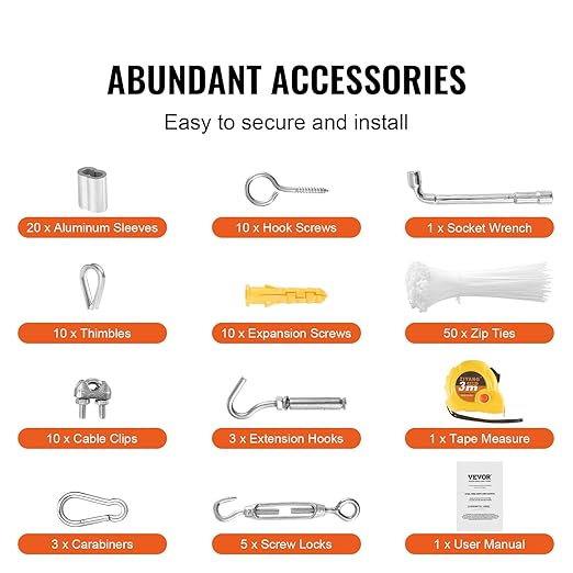 VEVOR Wire Rope Kit, 1/8" 100 ft 304 Stainless Steel Cable with 124 Accessories, 1600 lbs Breaking Strength, 7x7 Strands Construction Marine Aircraft Grade for Handrail Stair Decking Fence Outdoors