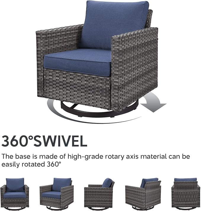 Outdoor Swivel Rocker Chairs Set of 4 with Fire Pit Table - 5 Peice Wicker Patio Furniture Set Conversation Set with 50,000 BTU Fire Pit for Deck Backyard - Grey Wicker Blue Cushion