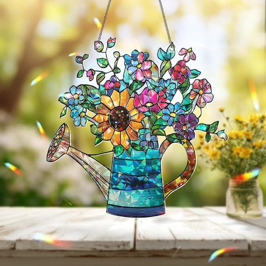 Sunflower Watering Can Suncatcher – Stained Glass Floral Ornament, Window Hanging Sun Catchers for Kitchen, Garden and Home Christmas Decoration