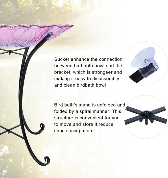 MUMTOP Outdoor Glass Birdbath with Metal Stand for Outside Yard Garden Decor, 18 inch Diameter Pink Bird Baths Bowl for Outdoors, 21 inch Height