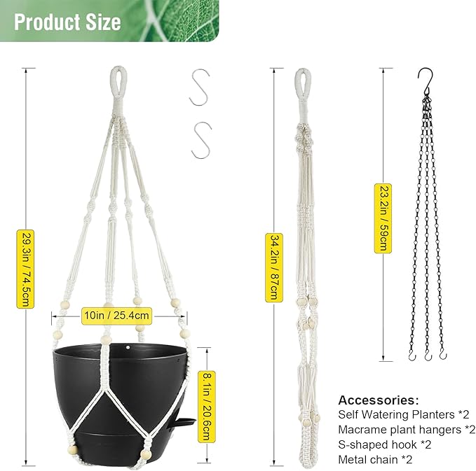 10 inch Self Watering Hanging Planters, 2 Pack Hanging Baskets for Indoor Outdoor Plants, Hanging Flower Pots with Drainage Holes & 2 Kinds of Plant Hangers for Garden Home Decor, Black