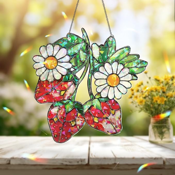 Strawberry Suncatcher – Daisy Flower Window Hanging, Fruit Sun Catchers Indoor Window Ornament for Kitchen and Garden Décor, Plant Gifts for Women, Grandma, Mother's Day, Christmas