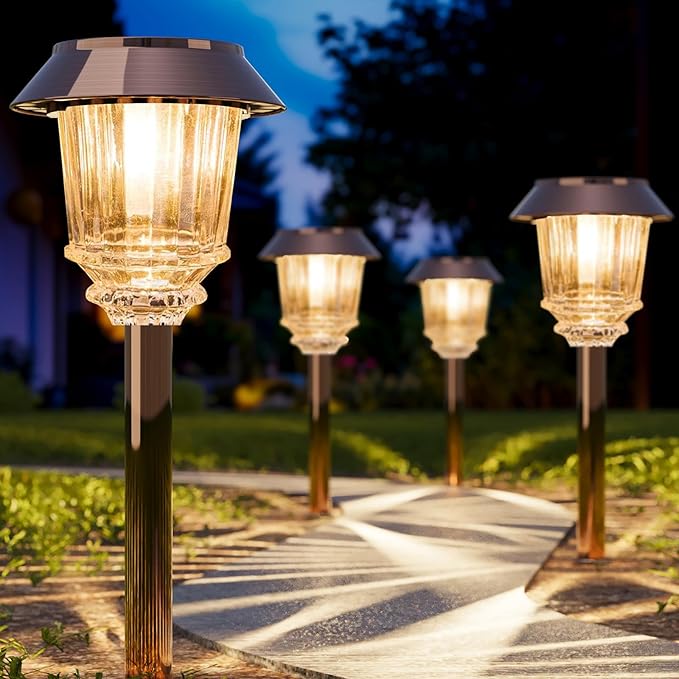 XMCOSY+ Solar Lights Outside Waterproof - 4 Pack Auto On/Off 10-40 LM Dimmable Outdoor Solar Lights for Yard Garden Pathway Driveway Walkway (Warm White)