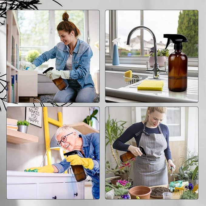 Glass Spray Bottles, 16oz Amber Glass Spray Bottles with Labels & Adjustable Nozzle, Reusable Containers for Cleaning, BBQ, Food, Plants, Alcohol, Essential Oils(1 Pack)