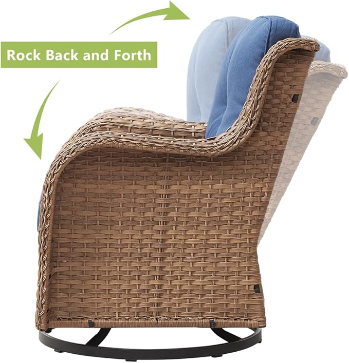 HUMMUH Outdoor Swivel Rocker PE Wicker Patio Chairs Set of 2, Rattan Rocking Chair Furniture Set (Yellow,Blue)