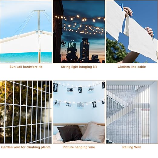 1/8" Vinyl Coated Wire Rope Kit with Work Gloves, 300FT Stainless Steel String Light Hanging Kit with Turnbuckle,7x7 Strand 920LB Strength Clothes Line Cable for Outdoor, Crafts, Garden