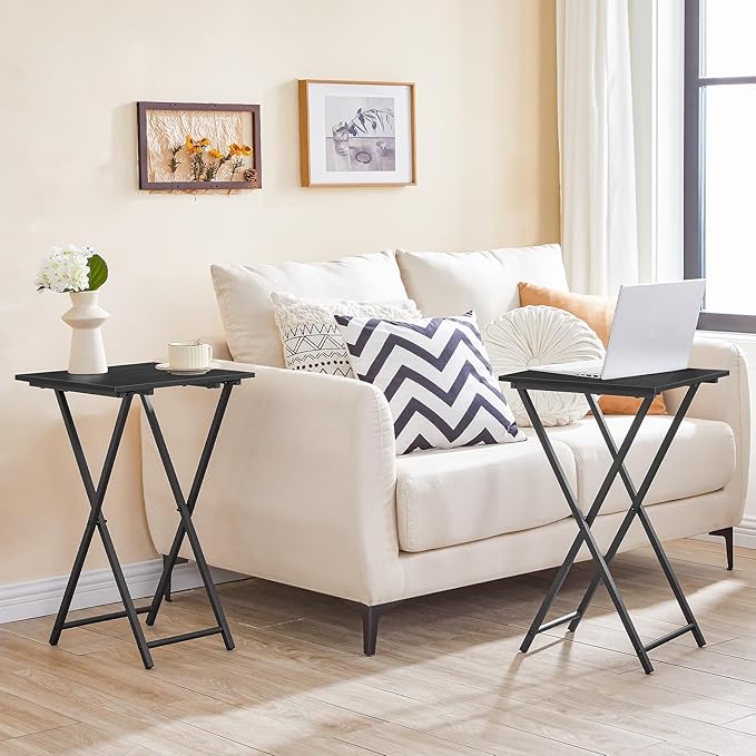 HOOBRO Folding TV Tray Table, Set of 2 Wooden TV Tray, Portable Sofa Side Snack Table, Industrial Desk for Small Spaces, Space-Saving, Easy to Install and Fold, Black BB27BZP201