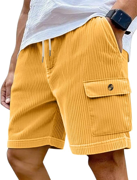 Mens Cargo Shorts Casual Drawstring Elastic Waist Corduroy Summer Beach Shorts with Pockets