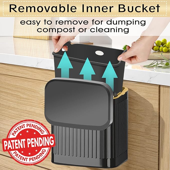 GloDeals Kitchen Trash Can for Counter Top or Under Sink, 1.05 Gallon Stainless Steel Small Compost Bin, Wall Mount Compost bin with Lid for Kitchen, Cabinet Trash Can Hanging (Black)